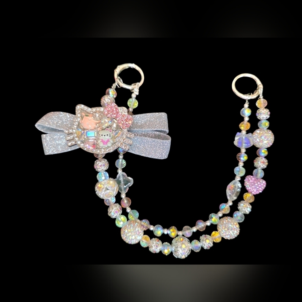 Hello Kitty Sparkly Beaded Bag Charm Strap – Rhinestone Bow Accent